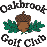 Oakbrook Golf Club logo with acorn and green leaves in black text