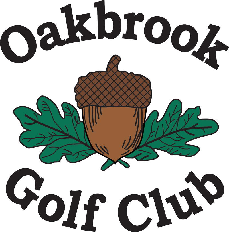 Oakbrook Golf Club logo with acorn and green leaves in black text