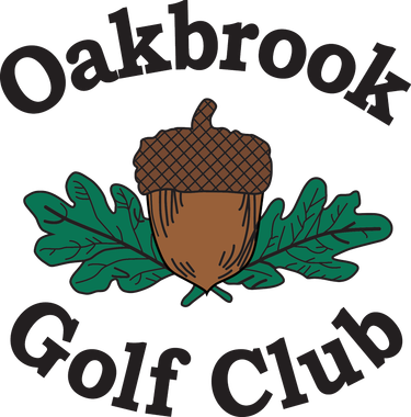 Oakbrook Golf Club logo with acorn and green leaves in black text