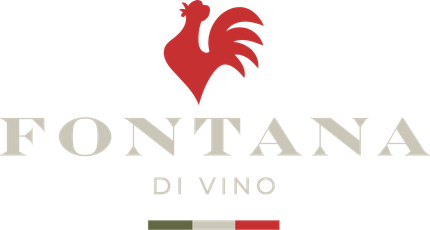 Logo for Fontana di Vino wine, red rooster over the company name, with Italian flag colors below.