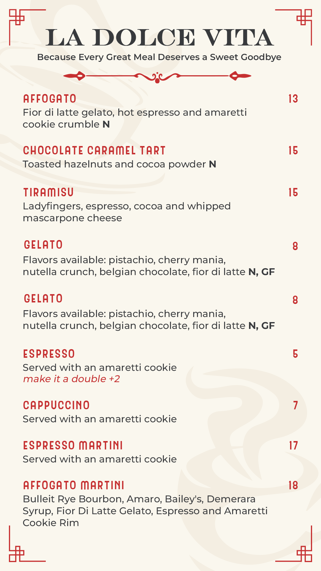 Menu displaying various drinks and food options.