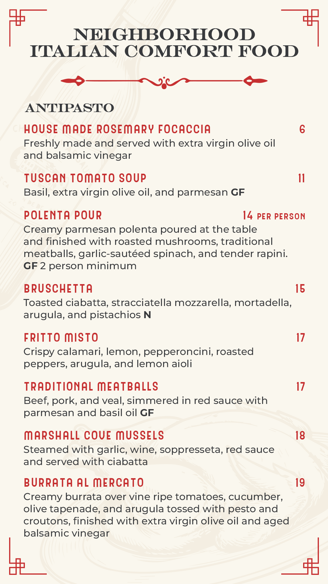 Menu with text in Italian listing appetizers and mozzarella options.