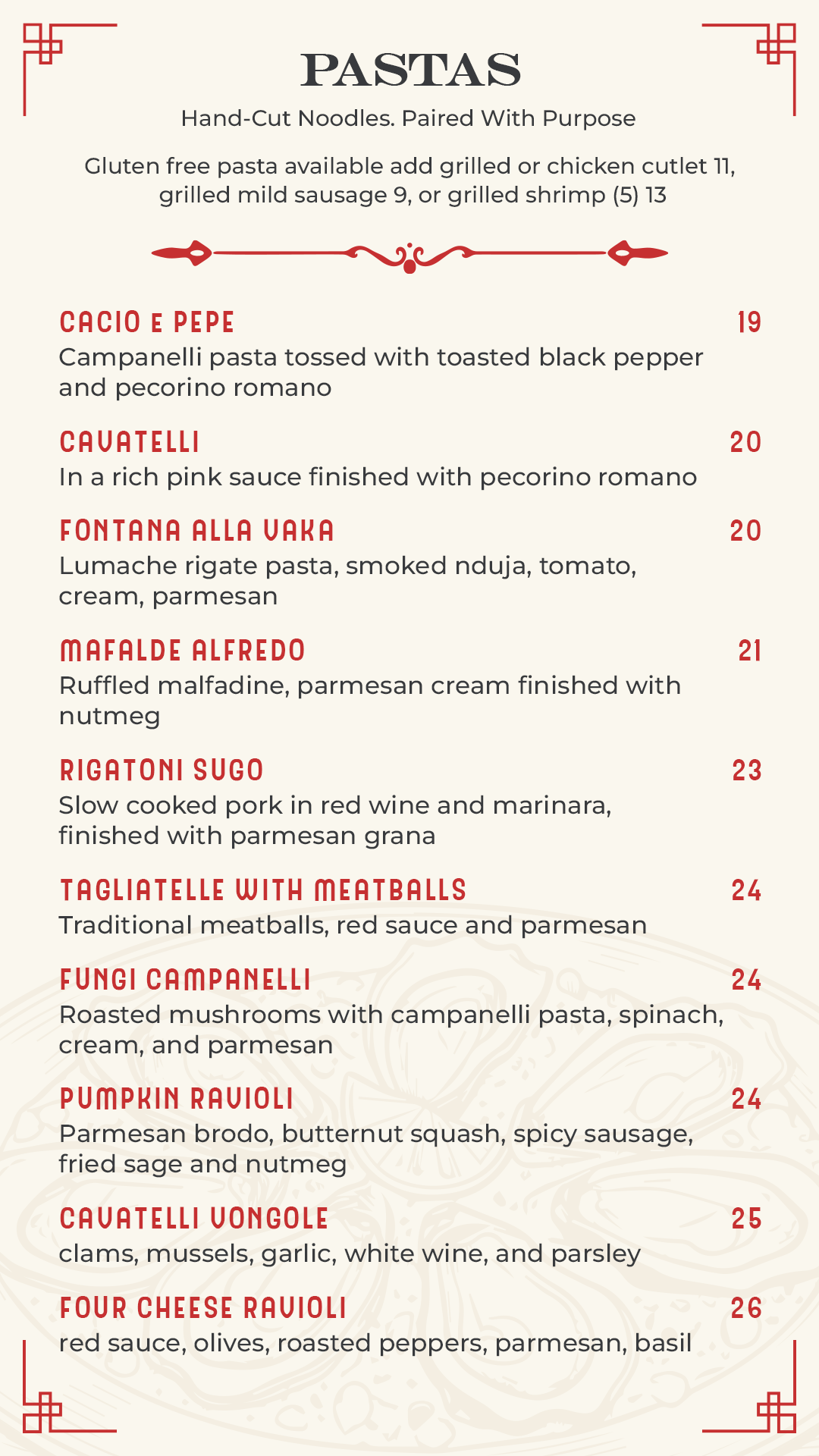 Menu with cocktail and food items listed, in English.