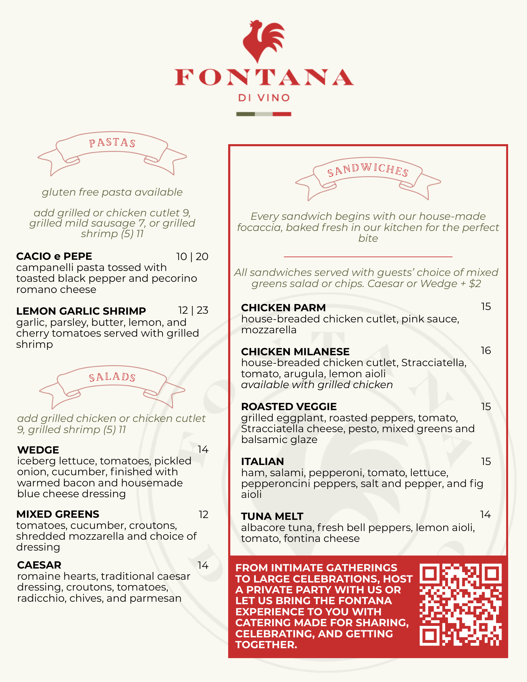 Menu displaying various drinks and food options.