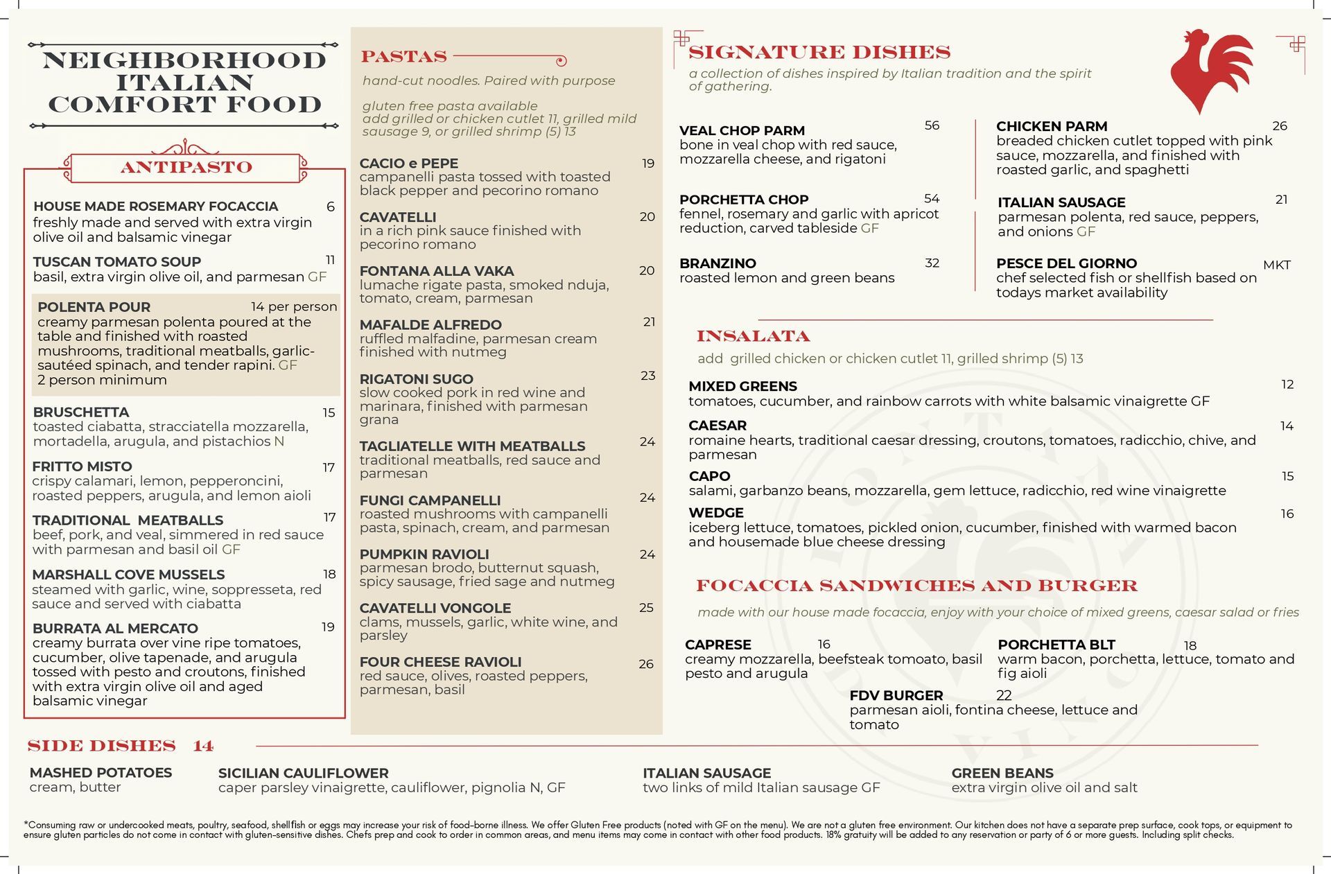 Restaurant menu, beige background with red accents, various Italian dishes listed.