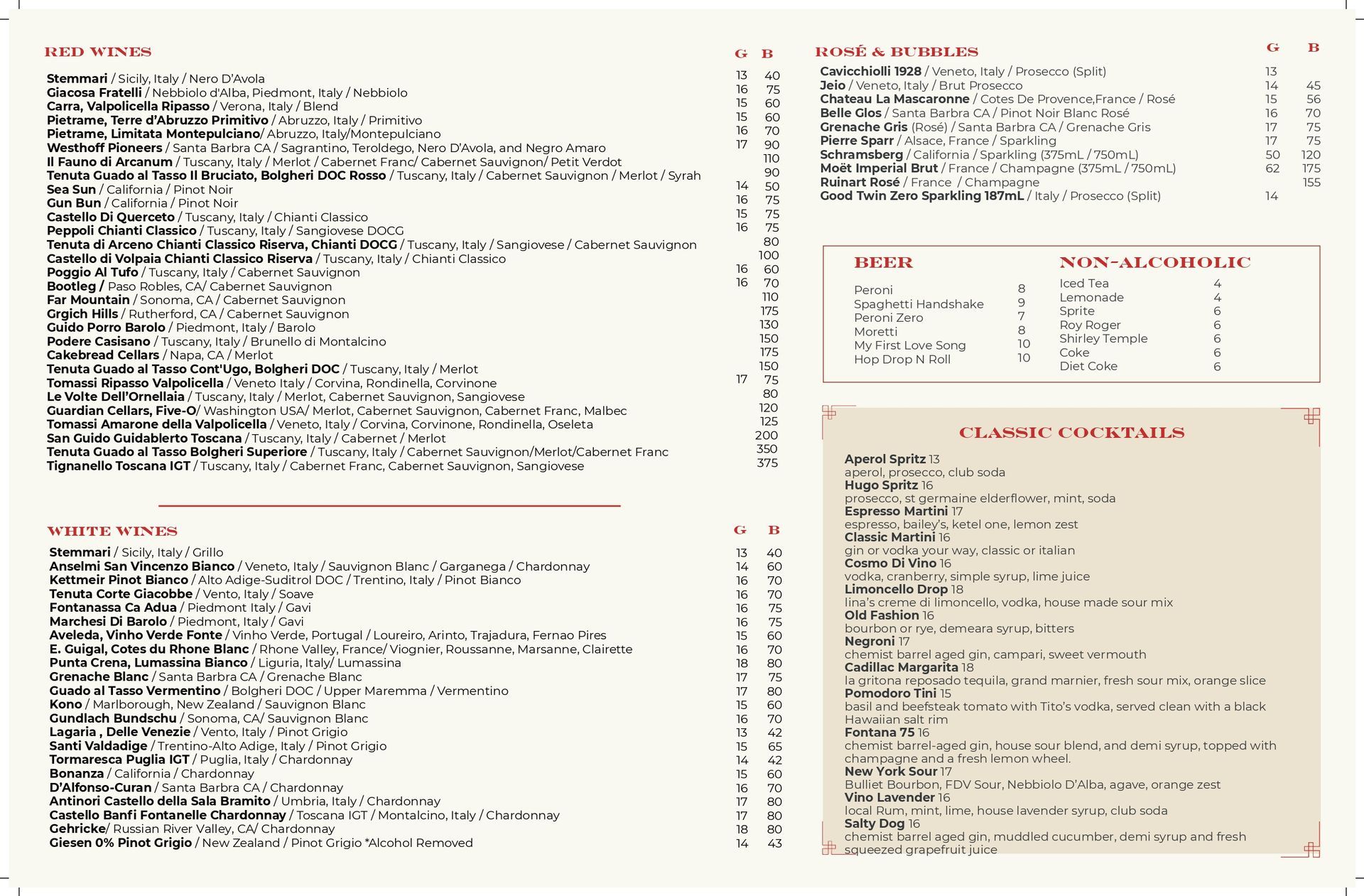 Menu displaying various drinks and food options.