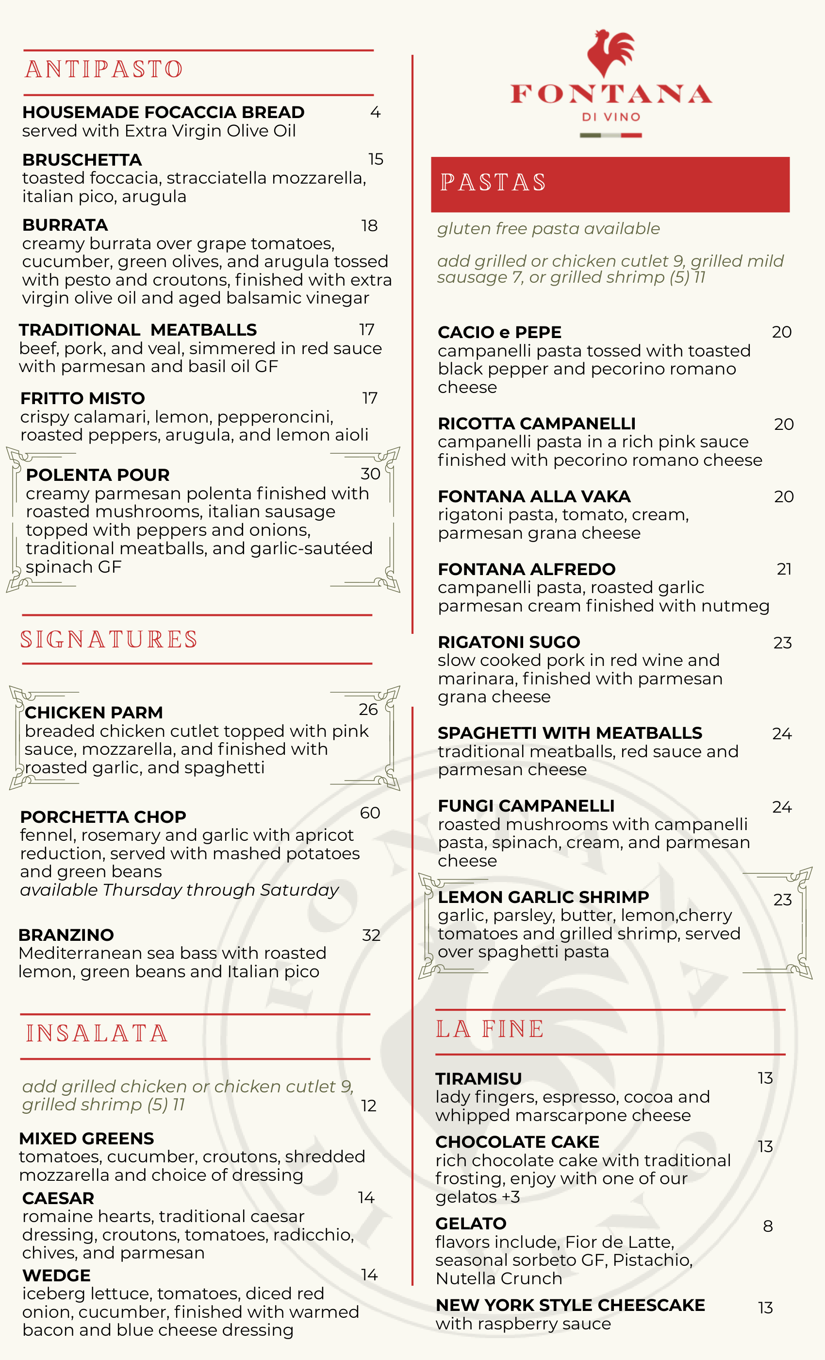 Menu with text in Italian listing appetizers and mozzarella options.