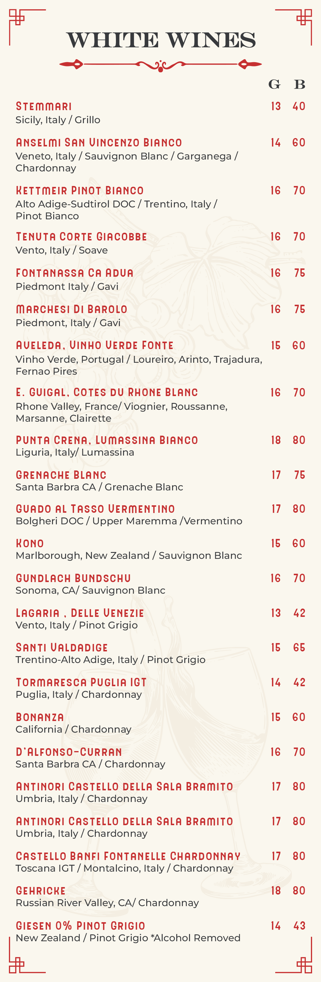 A menu with drink options and prices, organized into categories like sparkling, red, and port wines.
