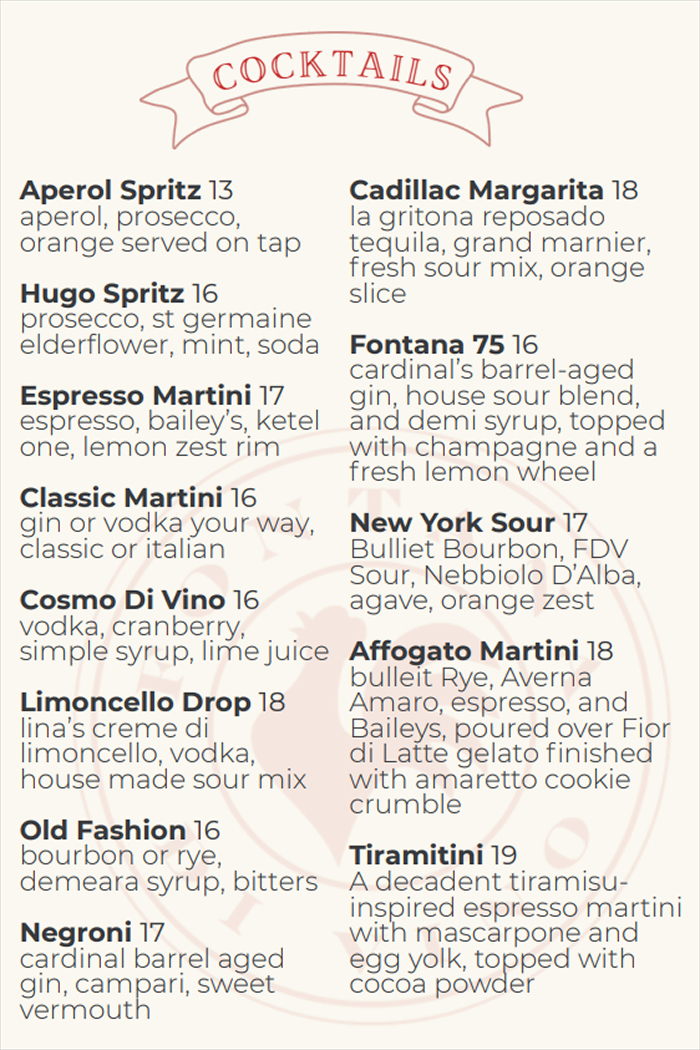 Menu displaying various drinks and food options.