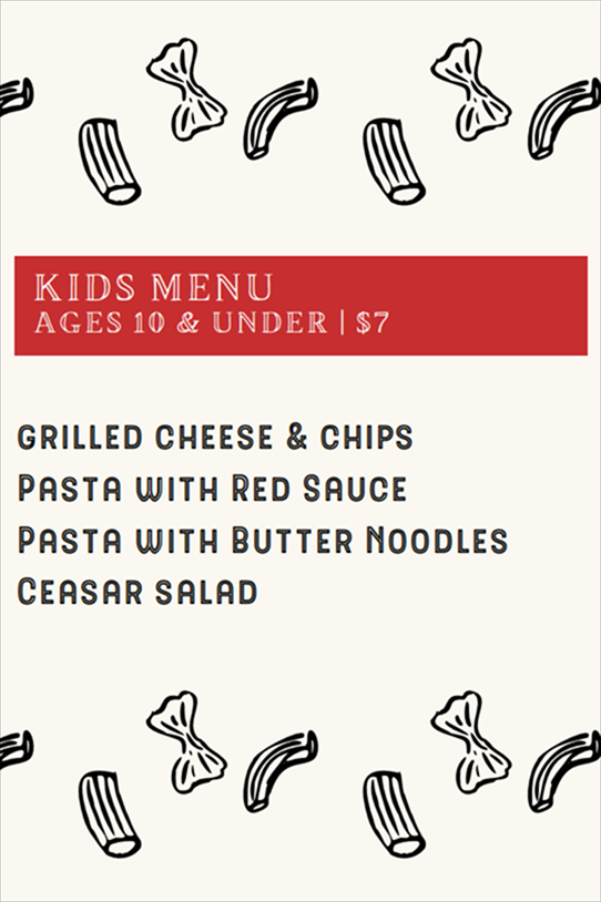 Restaurant menu, beige background with red accents, various Italian dishes listed.
