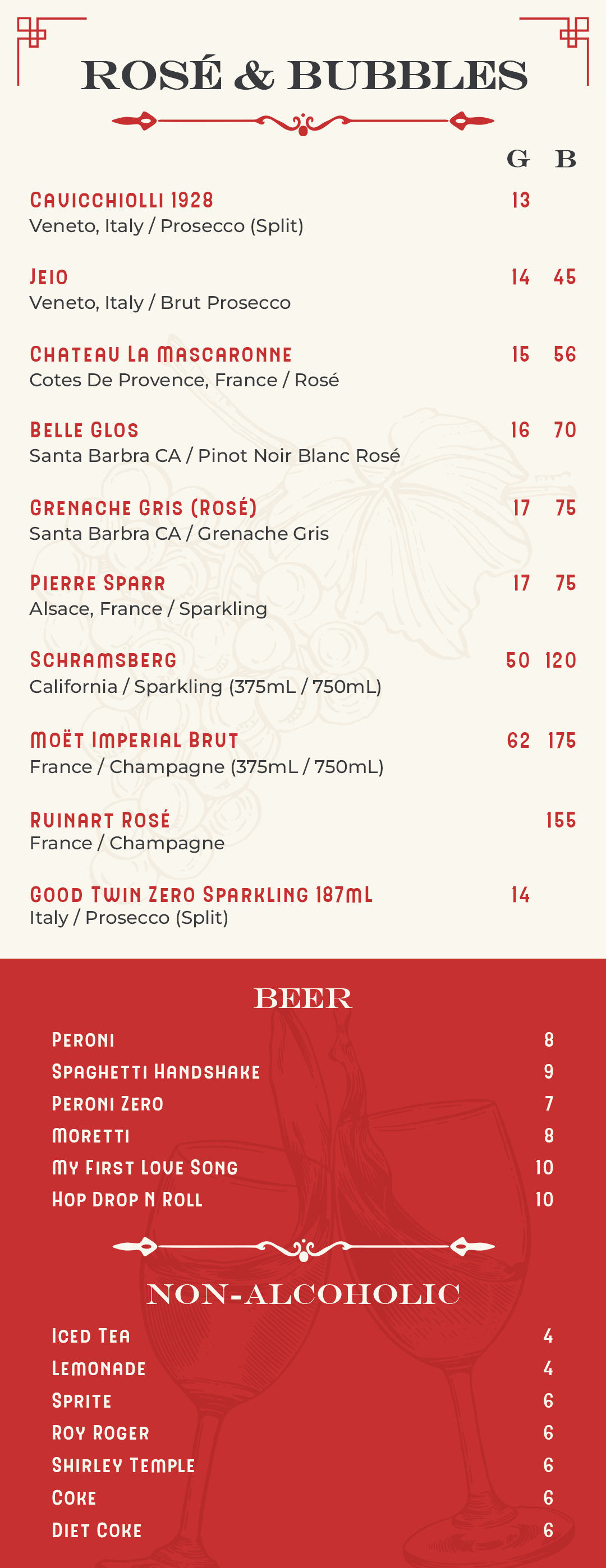 A menu with drink and food items listed with their prices.