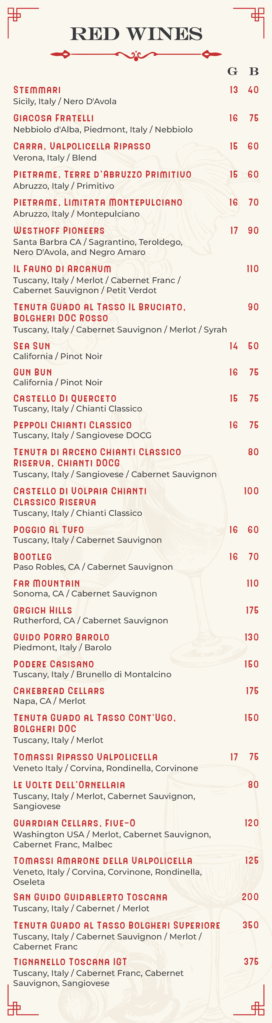 Menu with food and cocktails. Beige background, red borders.