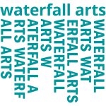 The word waterfall is written in blue on a white background.