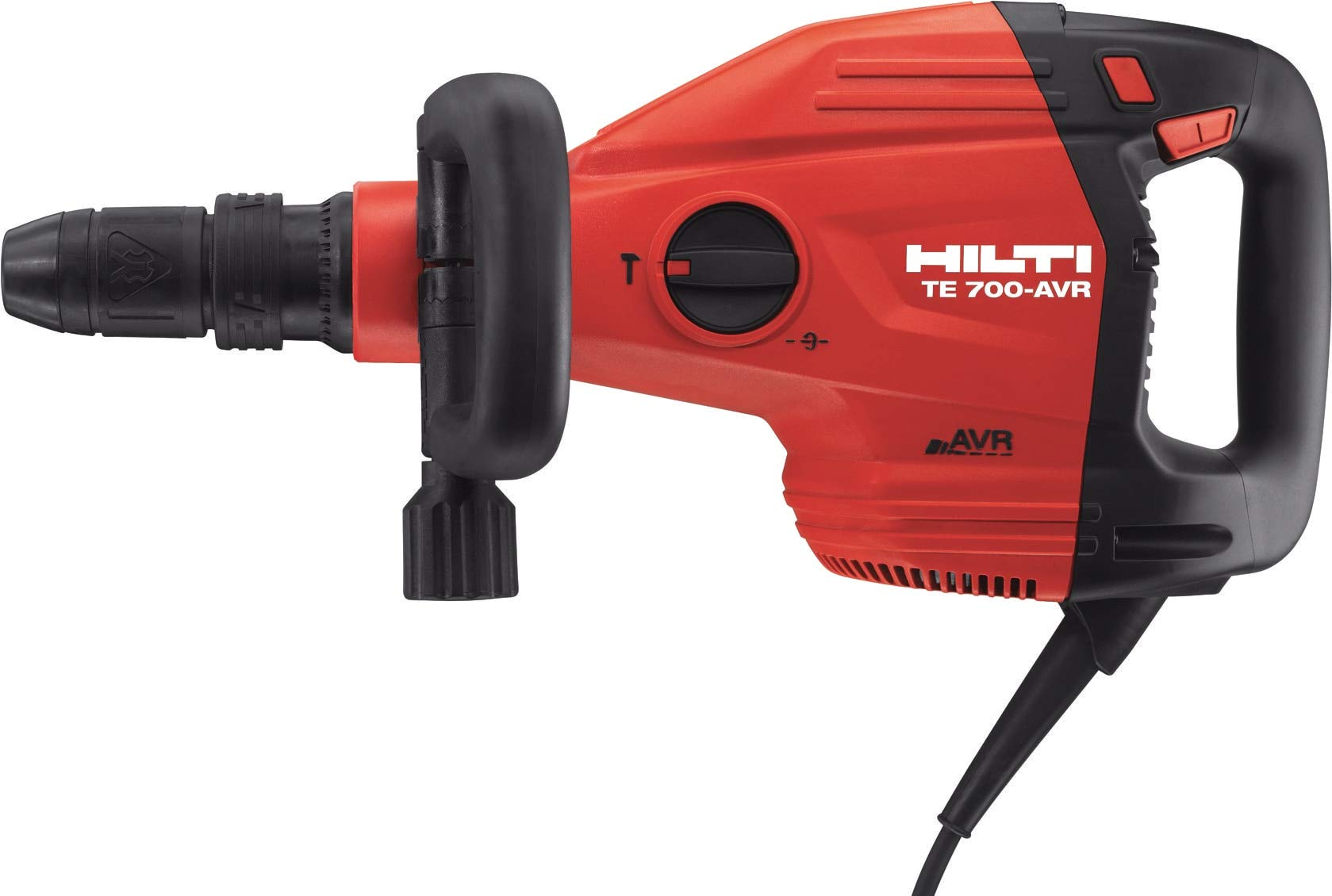 A red and black hilti hammer on a white background