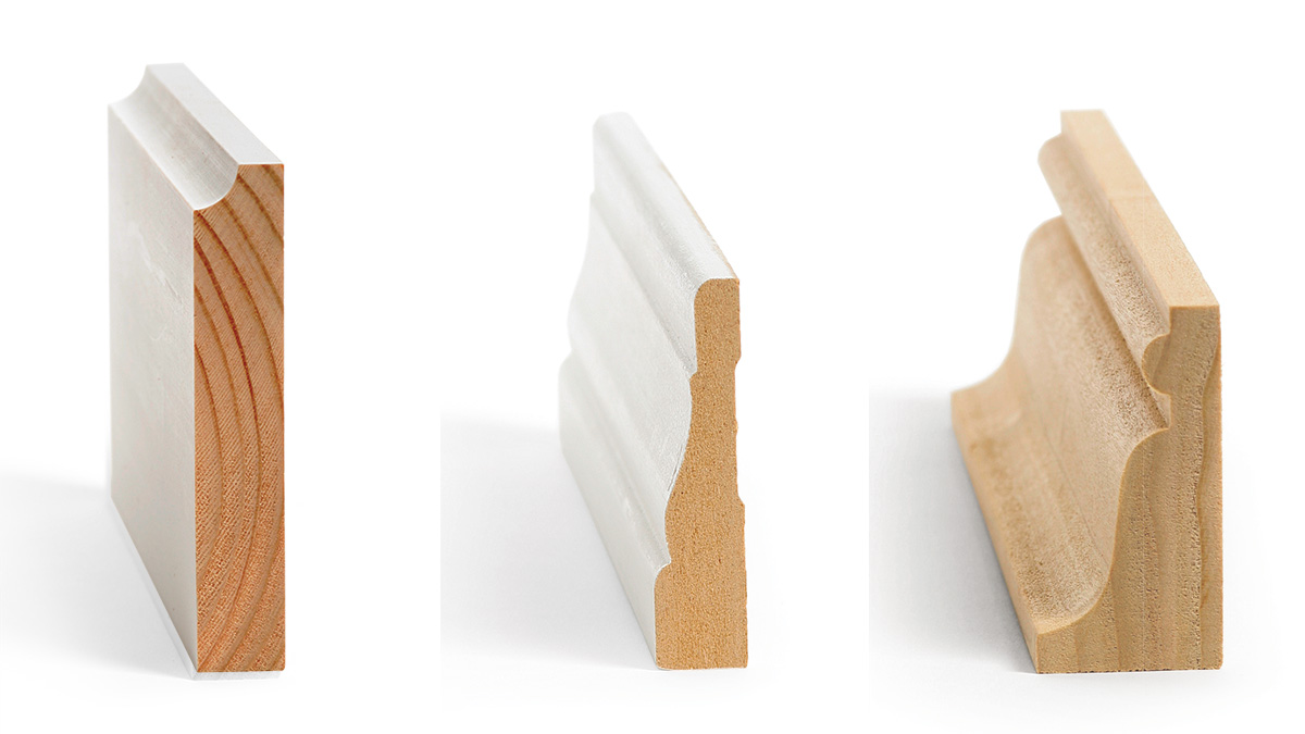 Three different types of wood molding on a white background