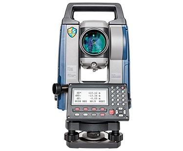 A blue and gray total station with a handle on a white background