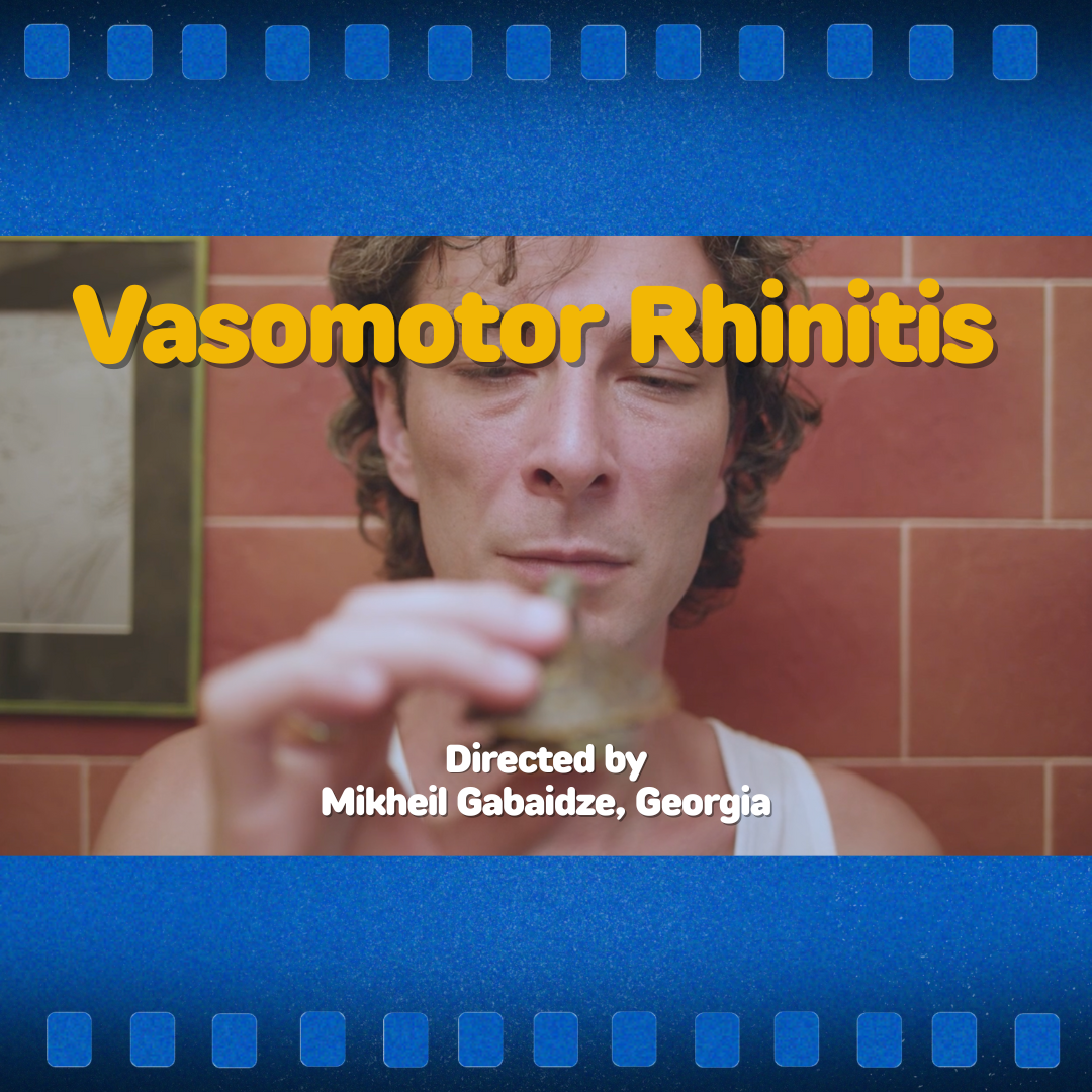Film title card for “Vasomotor Rhinitis” with a person exhaling in a tiled bathroom