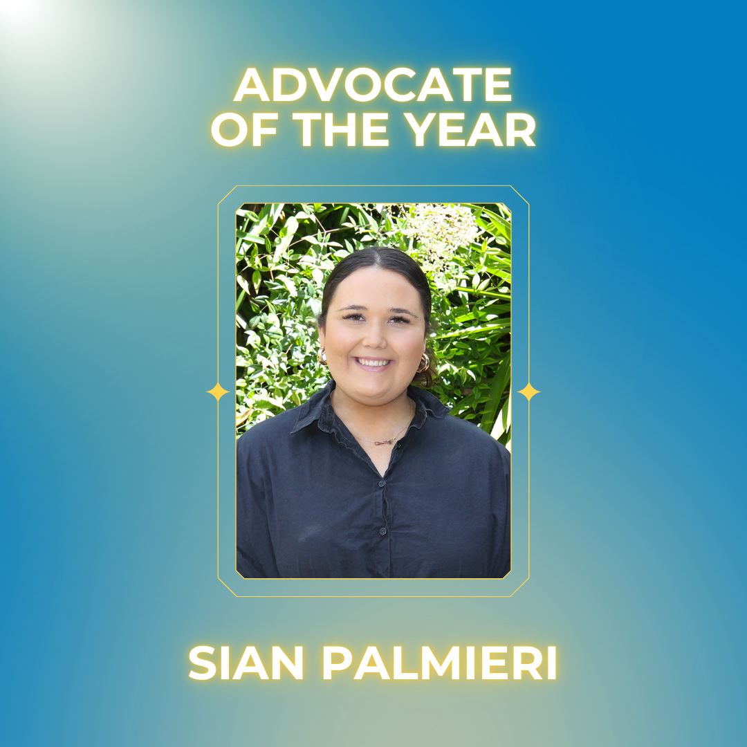 Advocate of the Year award graphic featuring a smiling portrait of Sian Palmieri on a teal background