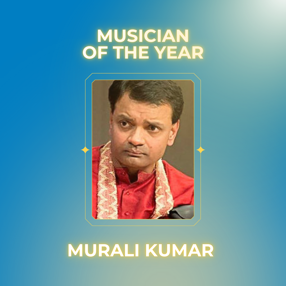“Musician of the Year” award graphic featuring Murali Kumar in a red outfit on a blue background