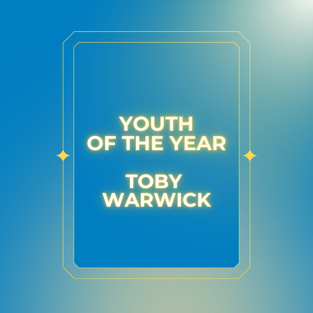 Gold trophy graphic on blue background reading “Youth of the Year Toby Warwick”