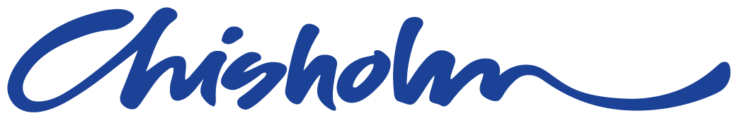 Blue handwritten-style “Chisholm” logo on a white background