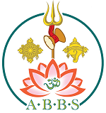 ABBS logo with lotus, trident, conch, and sacred symbols in red, gold, and teal