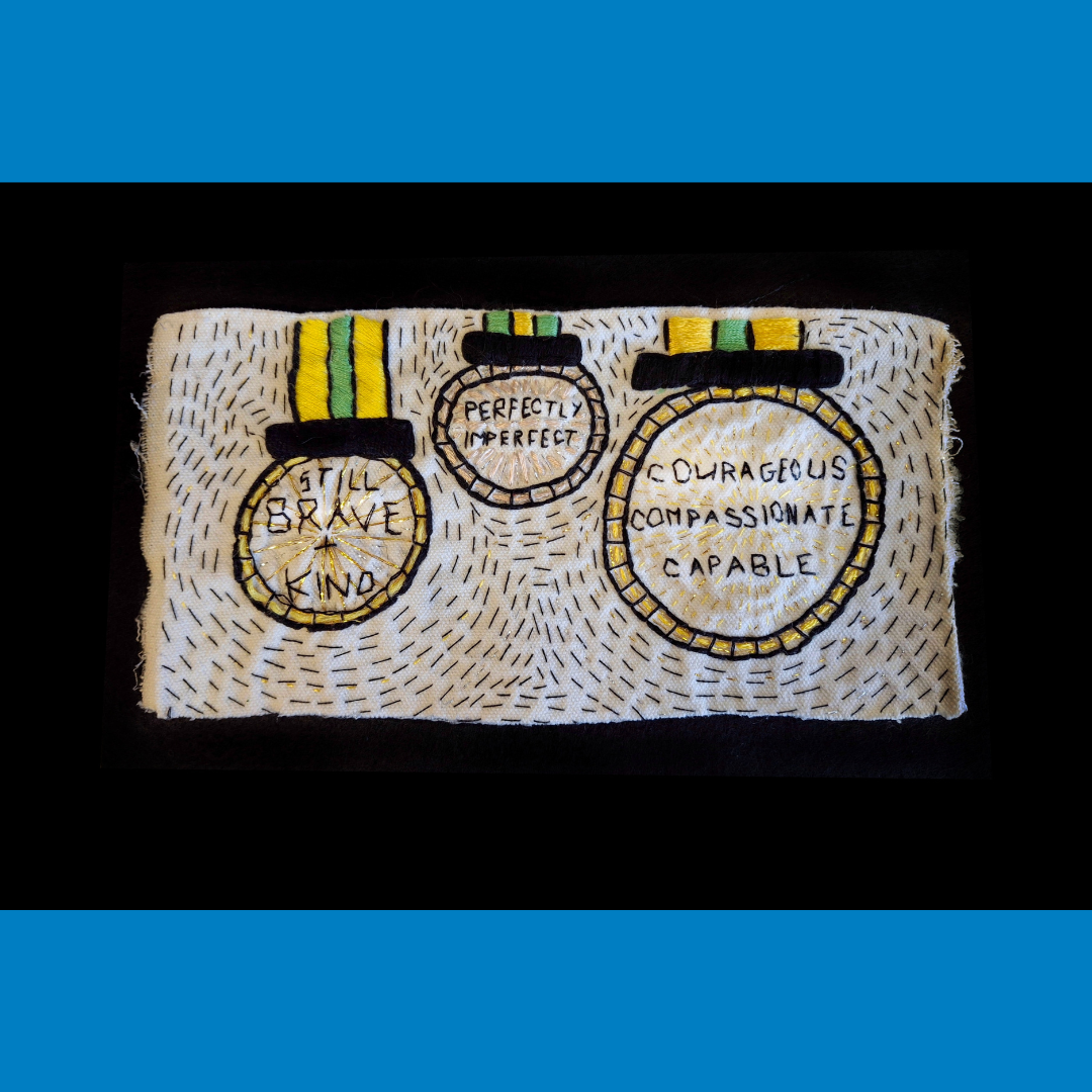 Handmade woven wall hanging with three labeled circles in white, yellow, green, and black on a black background