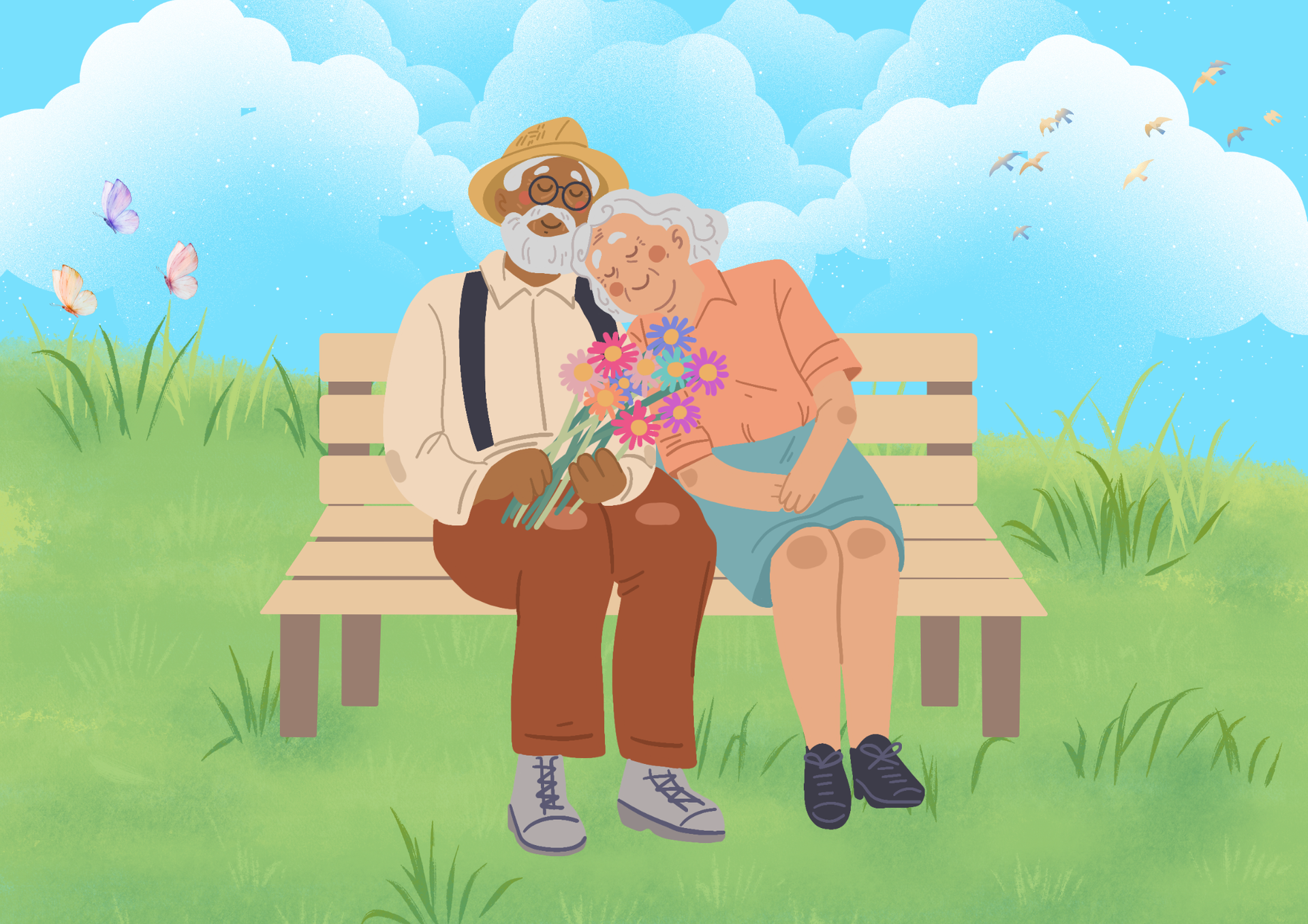 Two elderly people sit on a bench, smiling and holding a bouquet in a sunny park.