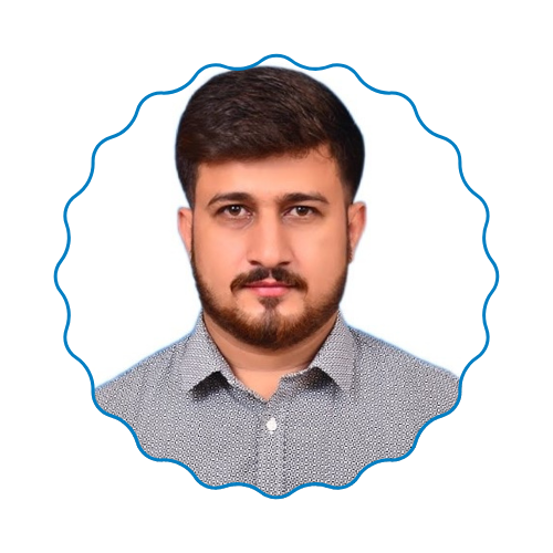 Studio headshot of a man in a patterned shirt inside a blue wavy border