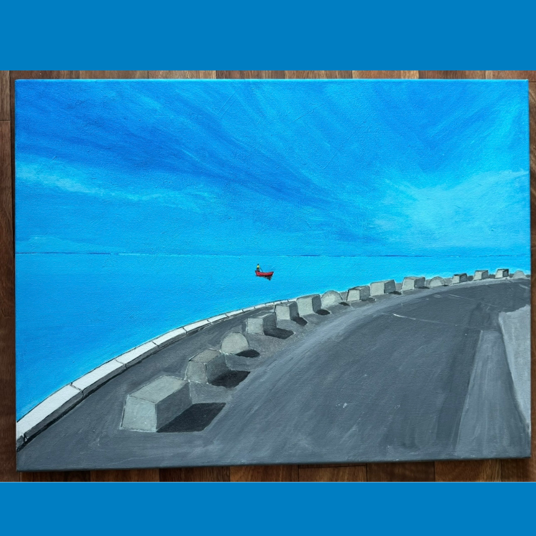 Curving gray road with concrete barriers beside a bright blue sky and sea, with a small red boat in the distance