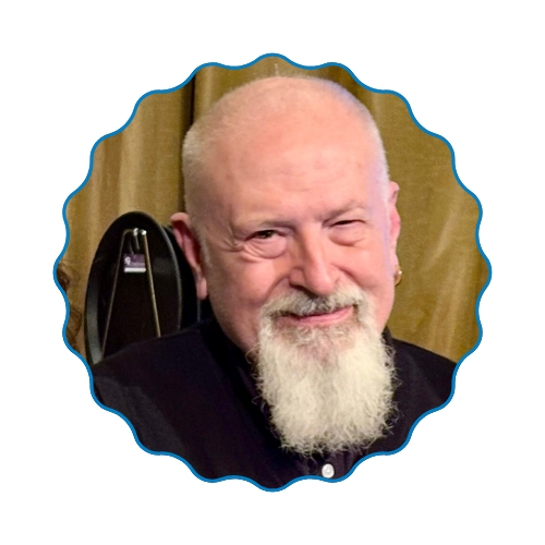 Smiling bald man with white beard in a circular blue-edged frame, against a gold curtain background