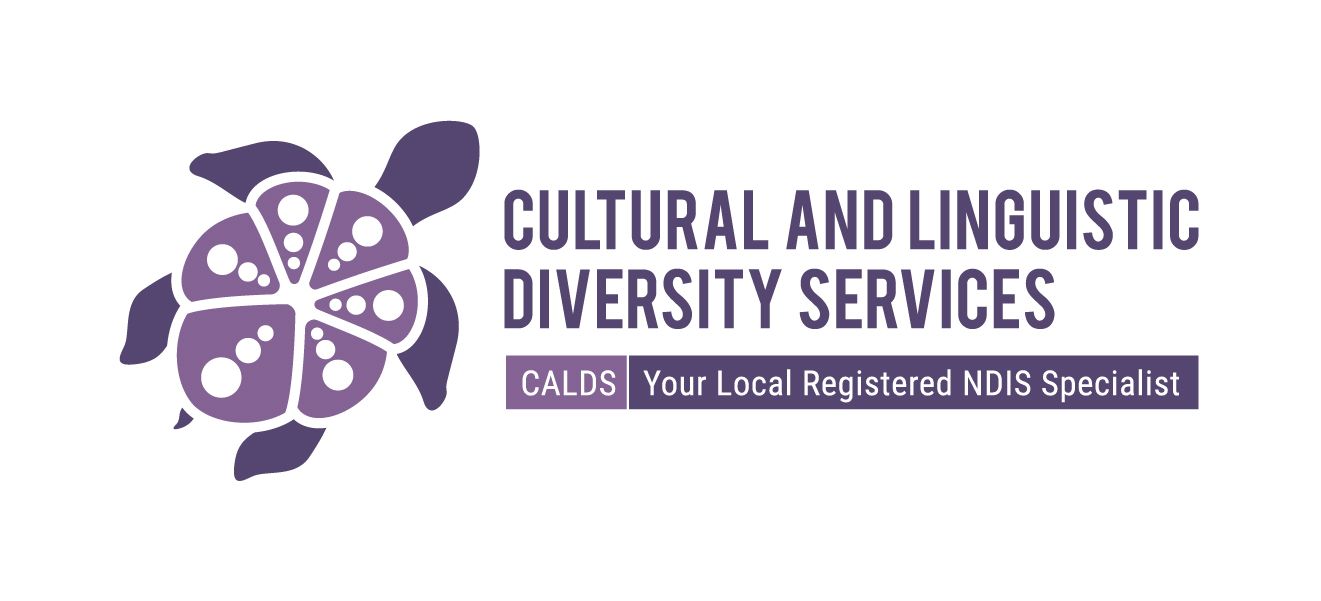 Purple logo for Cultural and Linguistic Diversity Services with floral icon and tagline “CALDS | Your Local Registered NDIS Specialist”