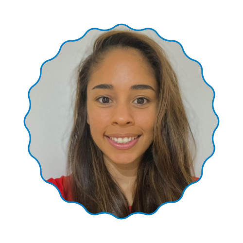 Smiling woman with long brown hair in a scalloped blue frame on a white background