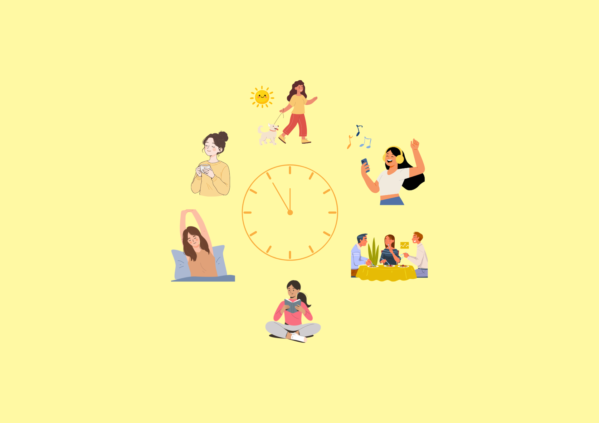 People studying around a central clock on a yellow background, with one person holding a trophy and another presenting.