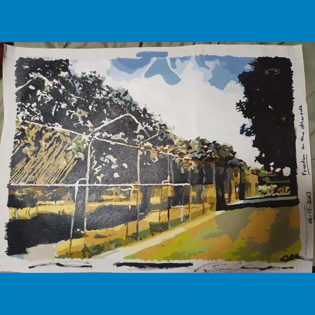 Tree-lined path beside a chain-link fence under a blue sky, rendered in a painterly style.