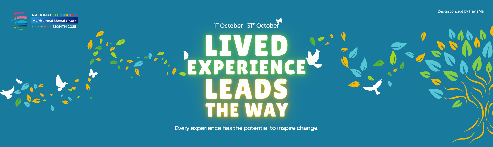 Blue banner with butterflies and flowers, featuring the words “Lived Experience Leads the Way.”