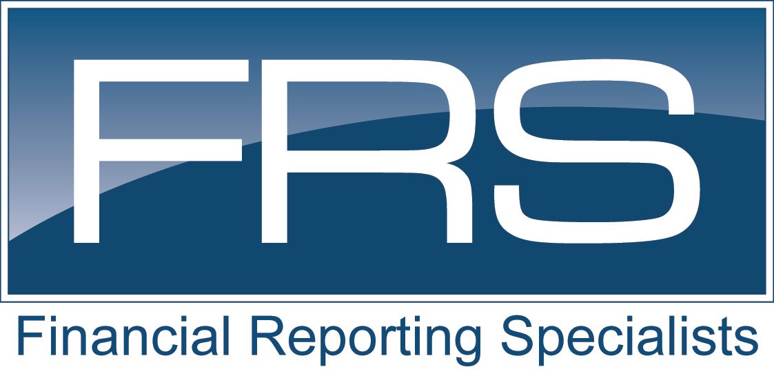 FRS logo with white letters on a blue gradient background, labeled Financial Reporting Specialists