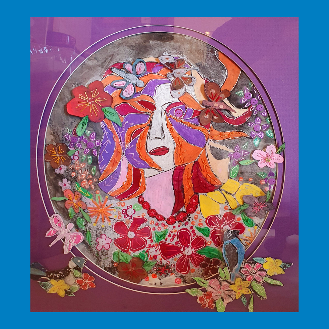 Colorful circular folk-art painting of two dancing figures with flowers on a purple background