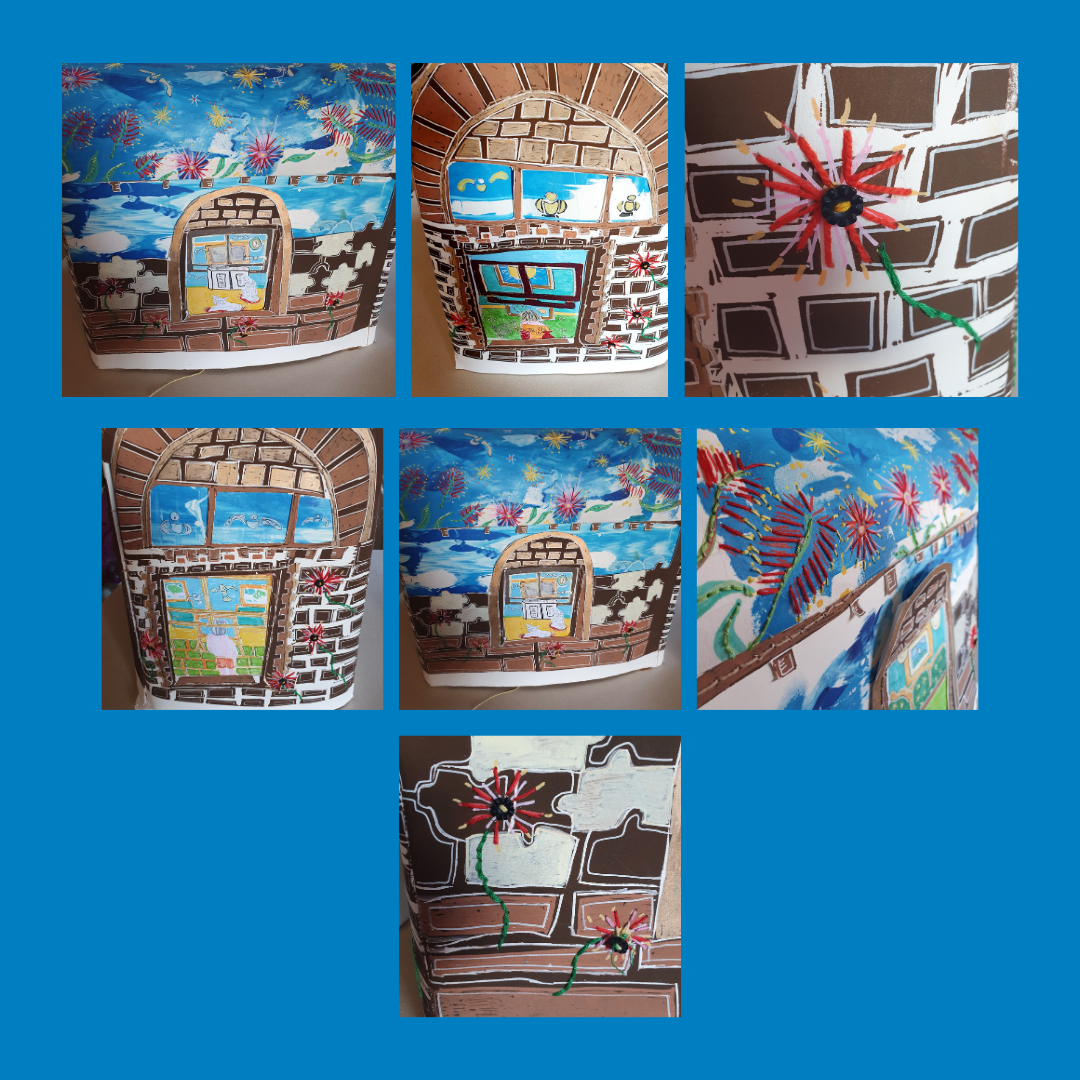 Four colorful mosaic window artworks, including blue skies, arches, and a red flower on brick walls