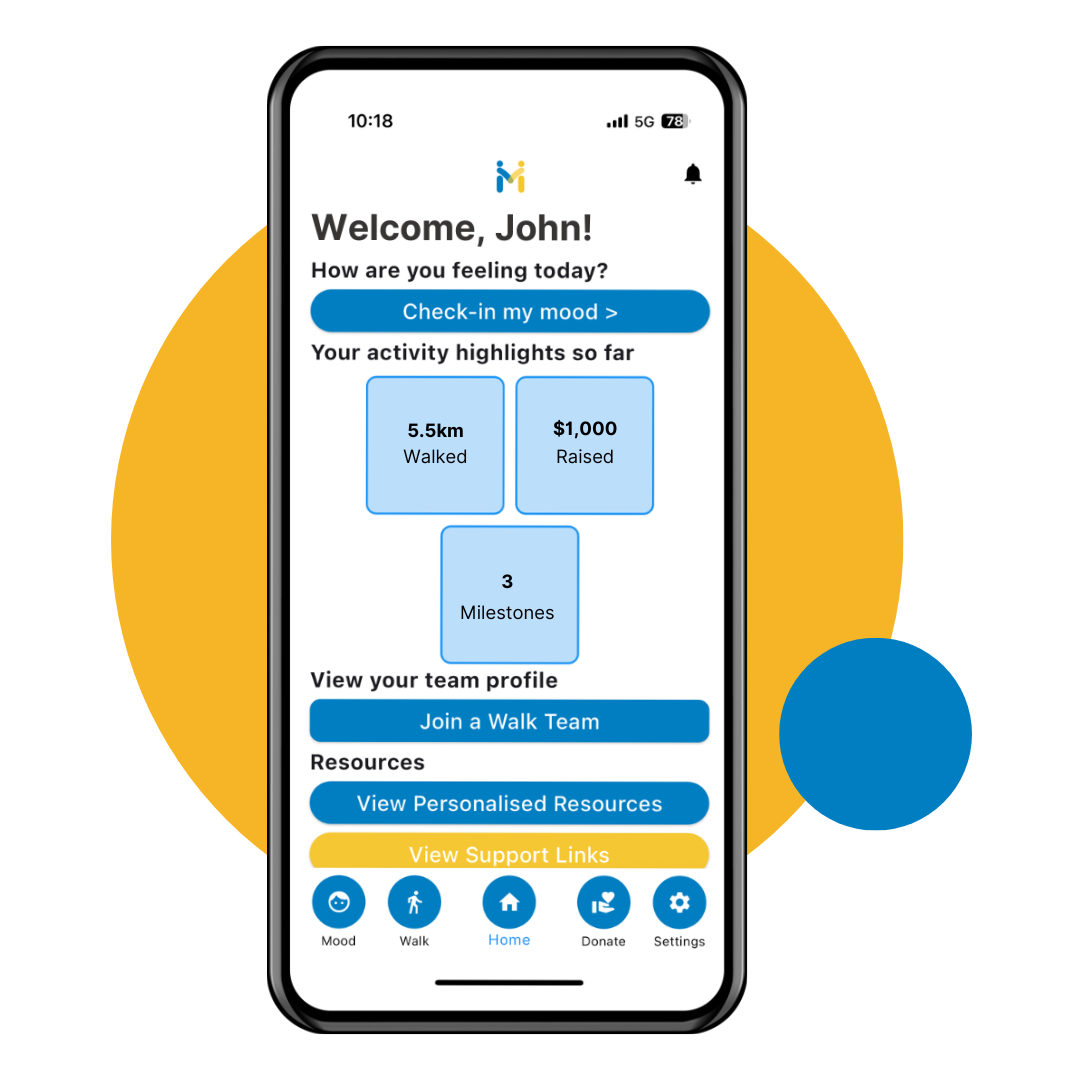 Mobile app dashboard on a phone, with blue buttons and charts over a yellow and blue circle background