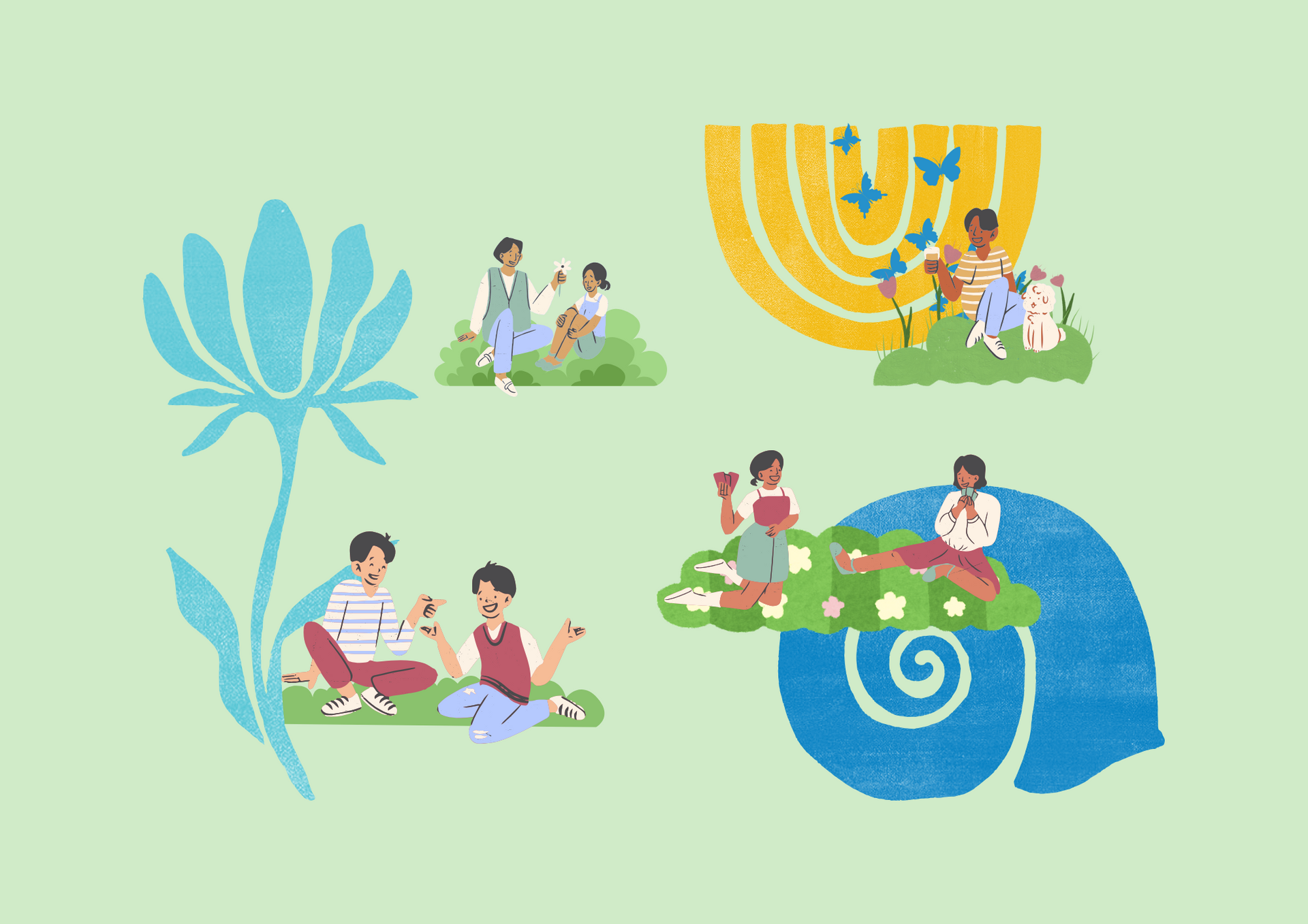 Illustrated children reading, planting, and celebrating around large blue and yellow community symbols