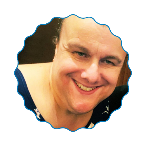 Smiling face in a blue scalloped circular frame on a white background