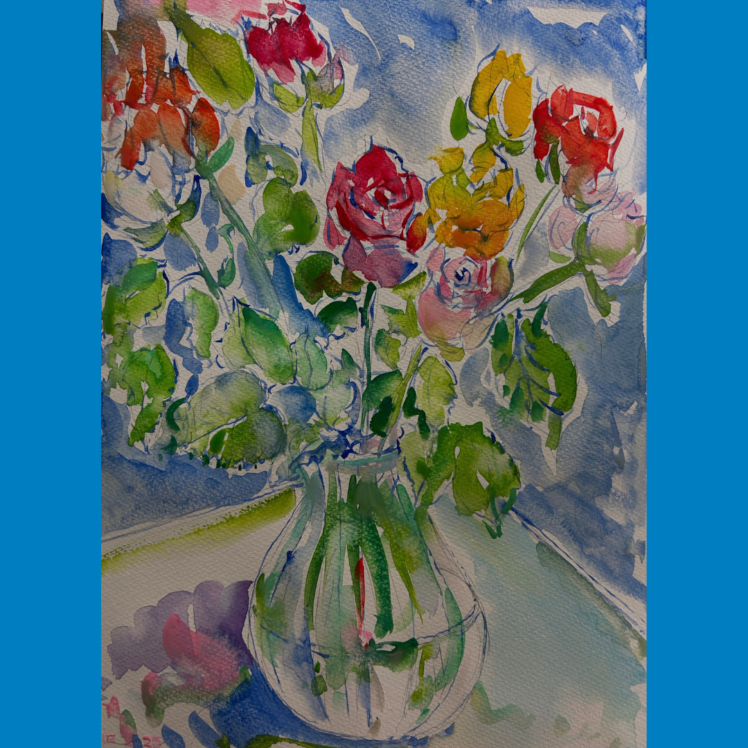 Watercolor of colorful flowers in a glass vase on a table, with a blue background.