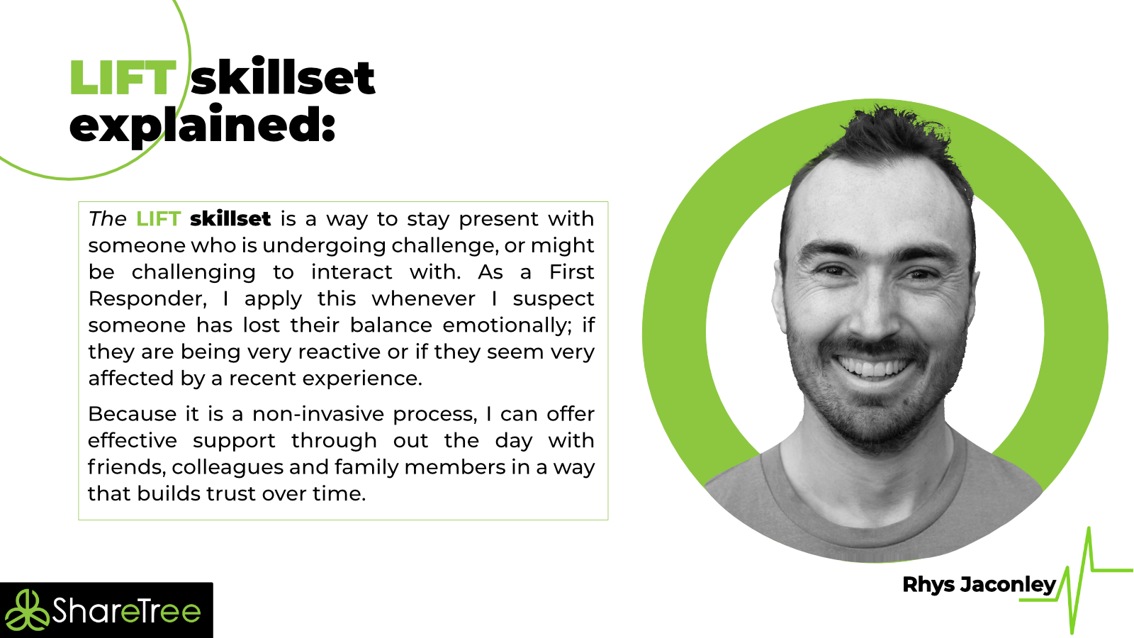 LIFT skillset explainer slide with a circular headshot, green accents, and ShareTree branding