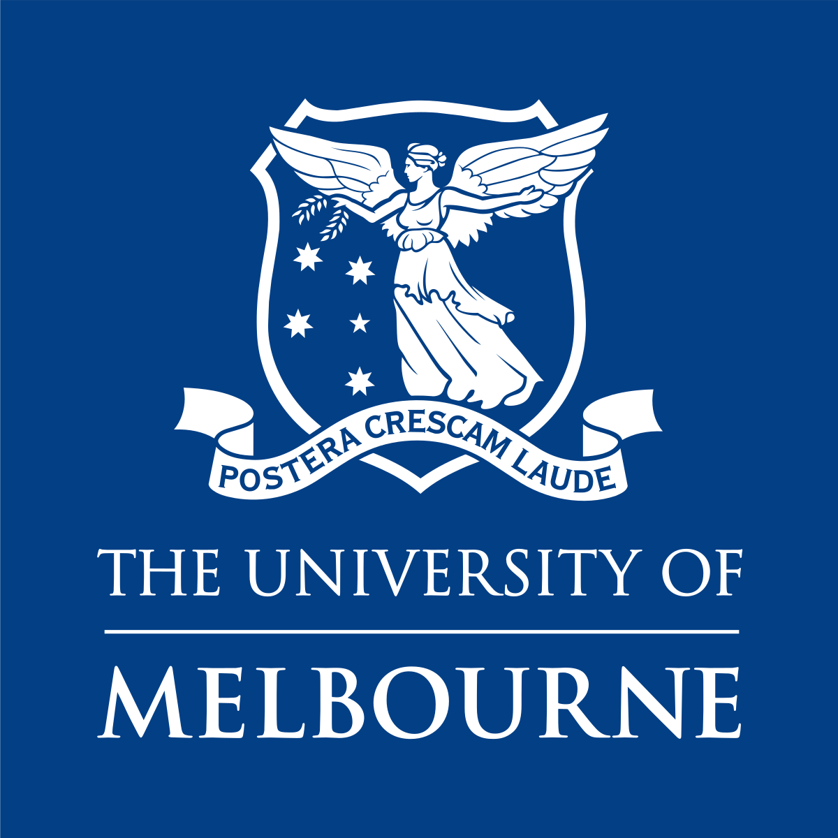 University of Melbourne logo on blue background with white crest and text