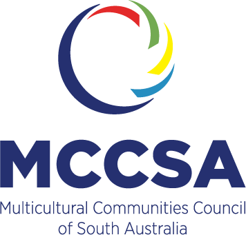 MCCSA logo: blue, red, green, and yellow circular mark above Multicultural Communities Council of South Australia text