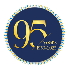 95th anniversary emblem in navy and gold, with “95 years 1930–2025” inside a circular border.