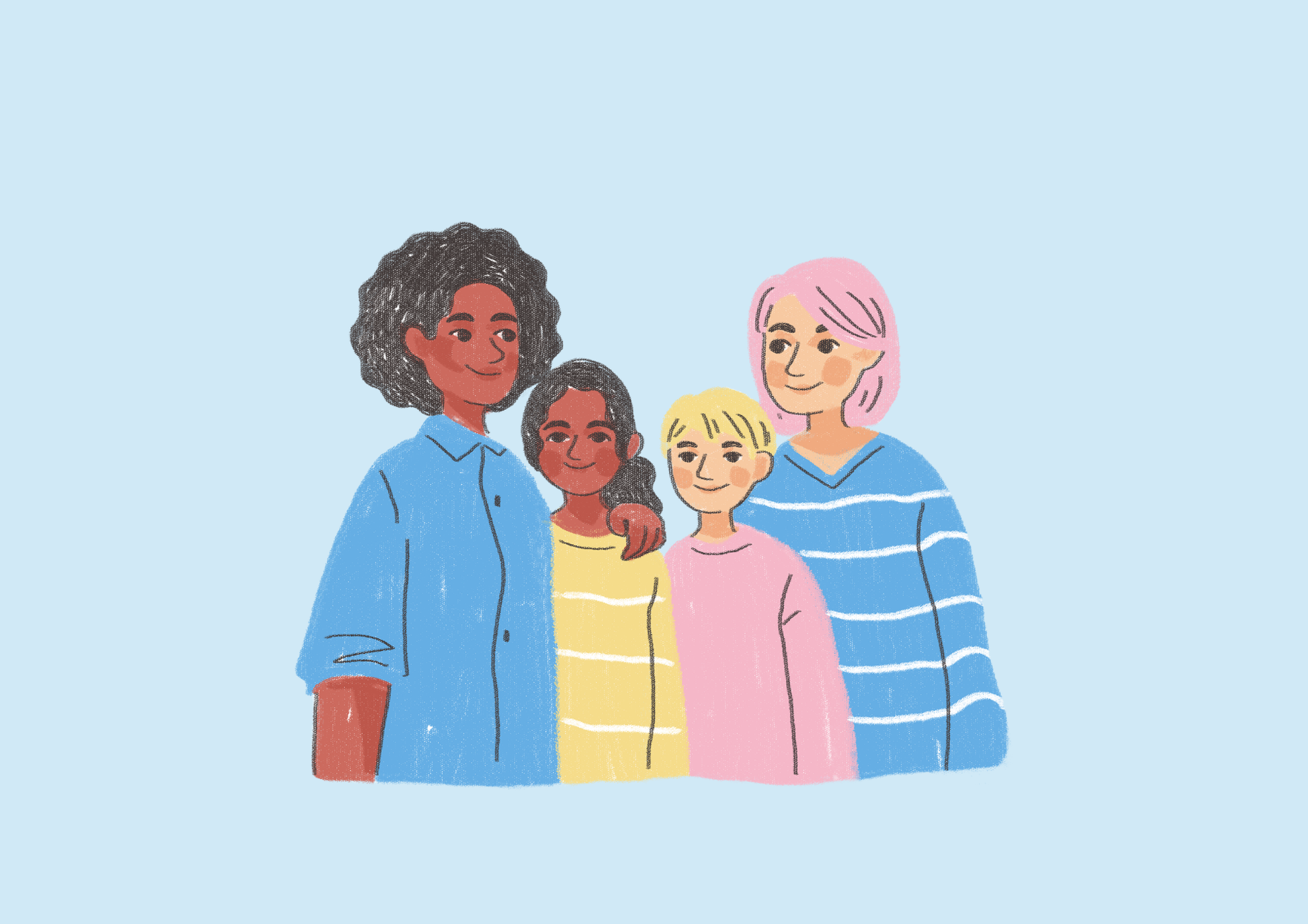 Four people standing close together, wearing colorful striped shirts on a light blue background.