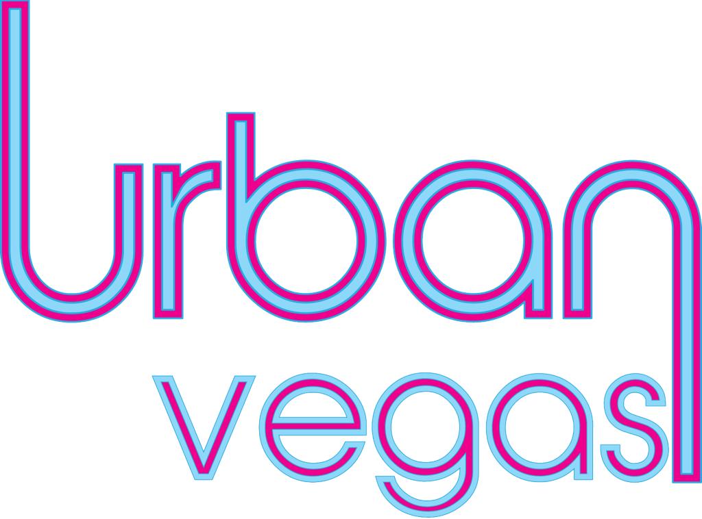 Urban Vegas logo in pink and blue outlined lettering on a white background