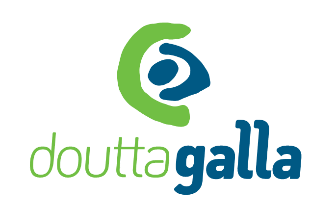 Doutta Galla logo with green and blue stylized figure above the name in green and blue text